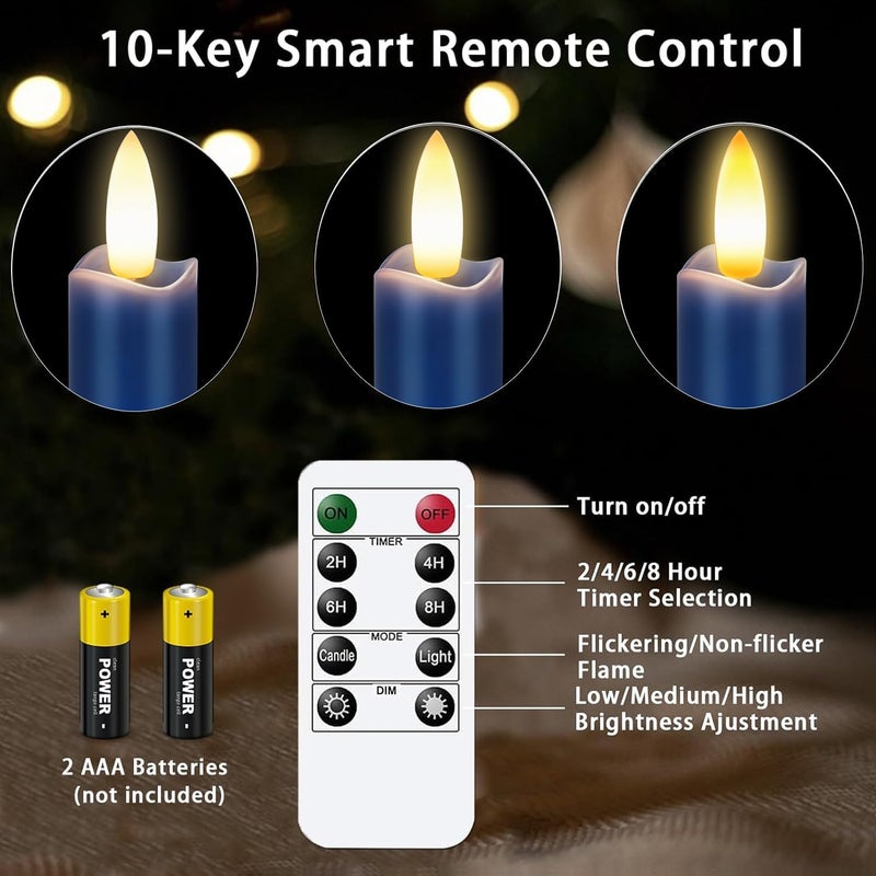 KSWING Upgraded Real Wax LED Flameless Navy Blue Taper Candles with Remote, 6 PCS Candlesticks Battery Operated 3D Flickering - 9.6" Long Realistic Fake Candle Sticks for Home/Wedding/Xmas Deco - Image 4
